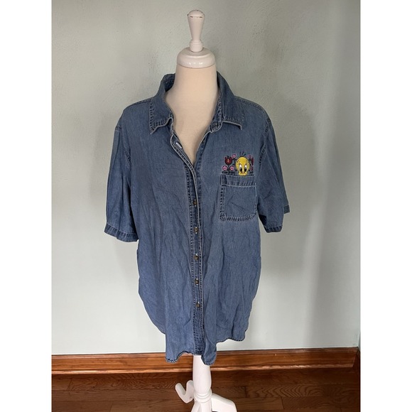 Tweety Bird Denim Jacket Shirt Shacket Streetwear Layering Looney Tunes Sz L - Picture 2 of 6